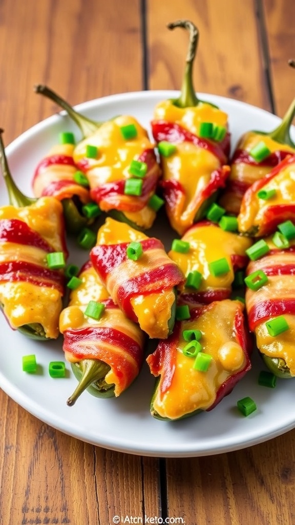 Crispy bacon wrapped jalapeño poppers on a plate, garnished with green onions.